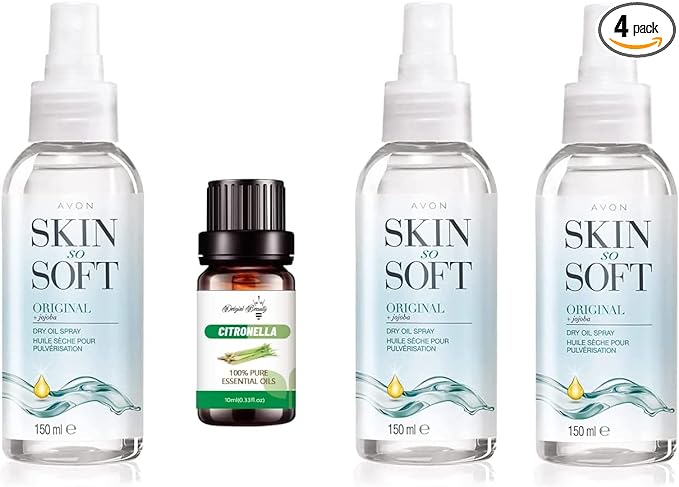 3 x Avon Skin So Soft Original Dry Oil Spray and Delgirl Beauty LTD Citronella Essential Oil Bundle