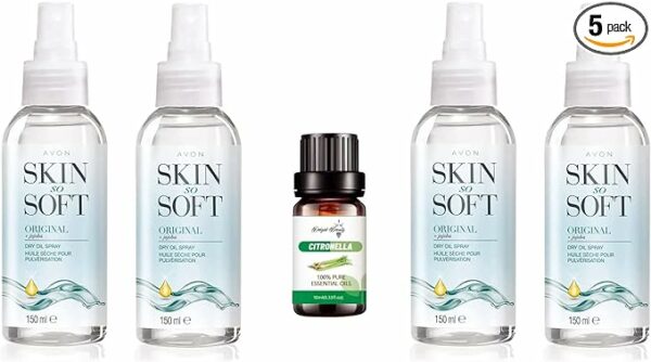 4 x Avon Skin So Soft Original Dry Oil Spray and Delgirl Beauty LTD Citronella Essential Oil Bundle