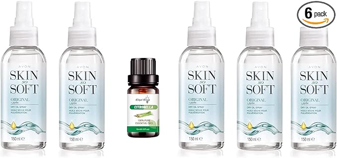 5 x Avon Skin So Soft Original Dry Oil Spray and Delgirl Beauty LTD Citronella Essential Oil Bundle
