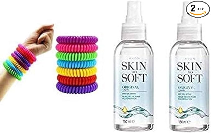 Avon Skin So Soft Original Dry Oil Body Spray with Jojoba 150 ml Pack of 2 & 2x Q4U® Mosquito Repellent Bracelets