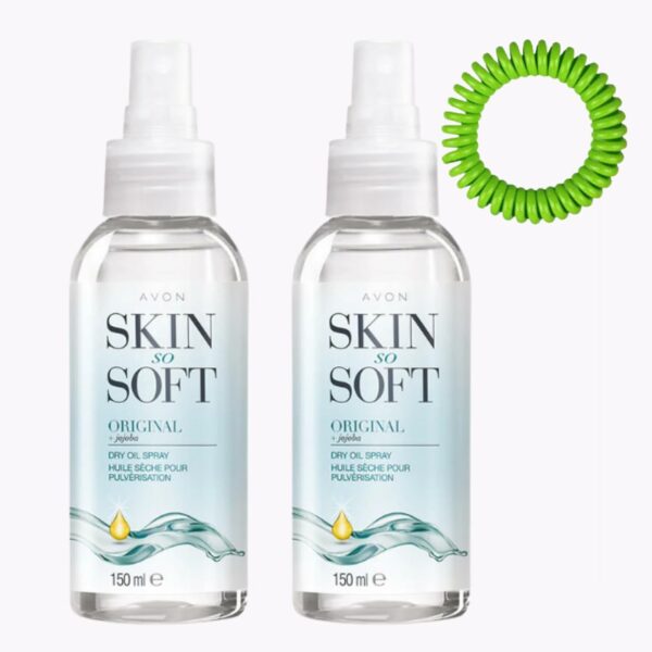 Skin So Soft Dry Oil Body Spray 150ml x 2, Insect & Mosquito Repellent Properties Bundled with Roshearry Mosquito Repellent Bracelet x1 (Random Colour), Waterproof, DEET-Free, Natural Oils.