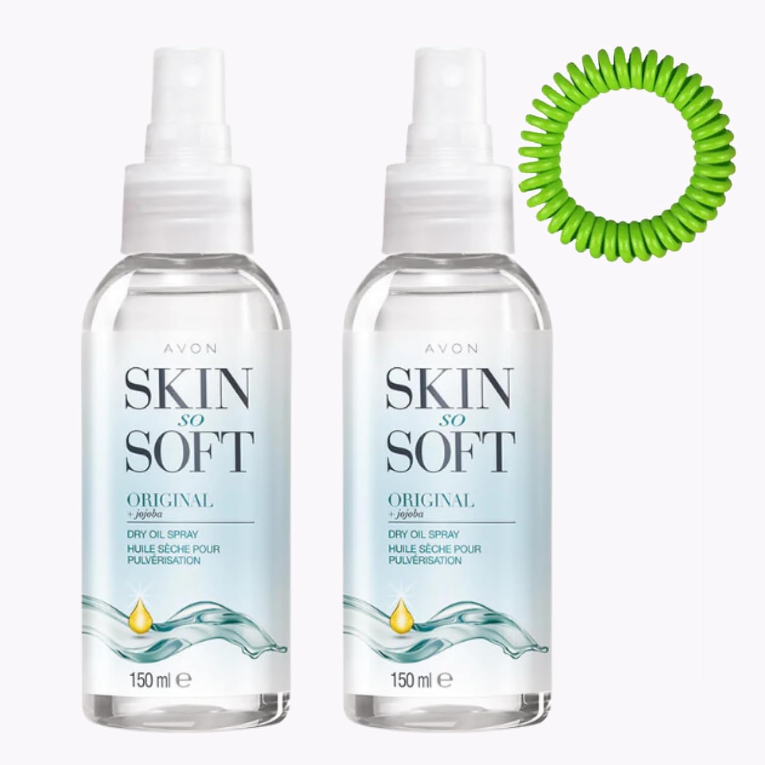 Skin So Soft Dry Oil Body Spray 150ml x 2, Insect & Mosquito Repellent Properties Bundled with Roshearry Mosquito Repellent Bracelet x1 (Random Colour), Waterproof, DEET-Free, Natural Oils.