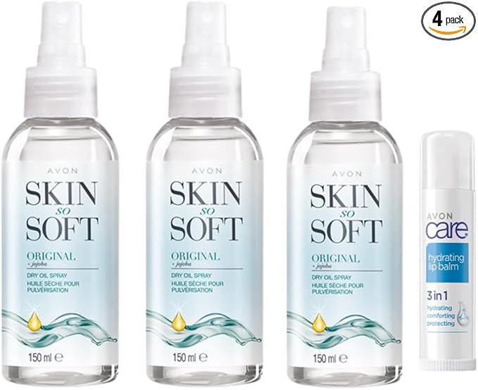 Pack of 3 Avon Skin So Soft Original Dry Oil Body Spray (150ml) with 3-in-1 Hydrating Lip Balm.